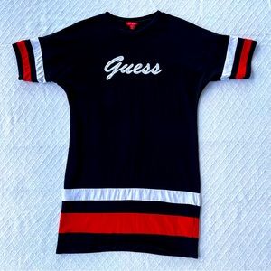 Guess Short Sleeve Knit Black Red and White Striped Sweatshirt Logo Dress